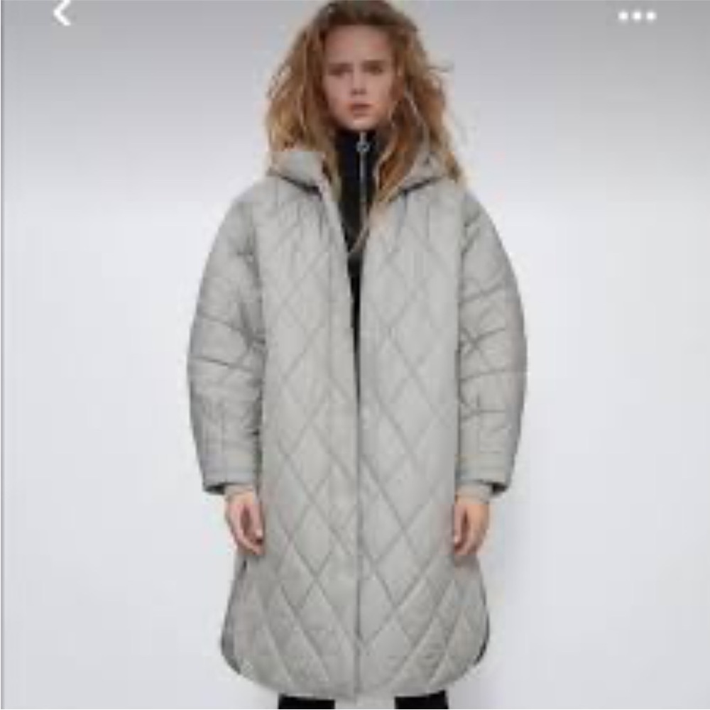 Zara Light Gray Quilted Long Puffer Coat